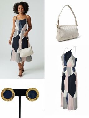 Spring Neutral Capsule | St. John Bag + Vintage Earrings + Pleated Midi Dress